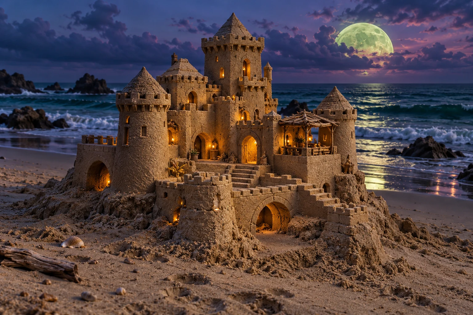 Lantern-lit sandcastle with a small covered terrace beneath a green moon.