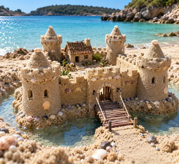 Tiny Sandcastle with Twig Drawbridge.
