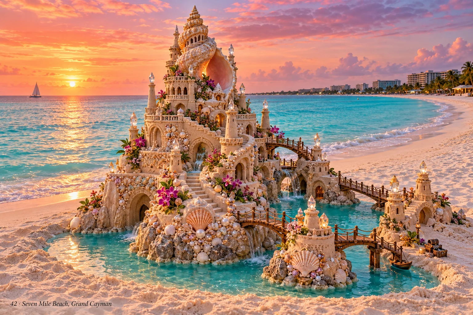 A conch-shell sandcastle with an observatory and turquoise pools on Seven Mile Beach.