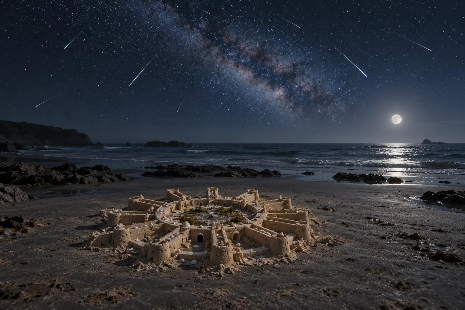 Moonlit Sand Sun Palace Beneath Meteors.