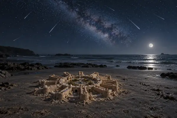 Moonlit Sand Sun Palace Beneath Meteors.