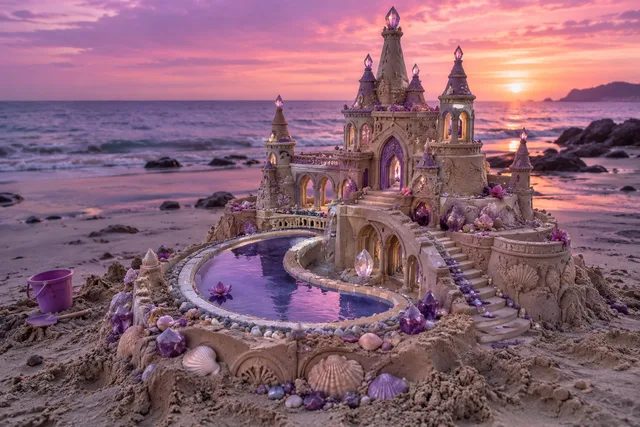 A lavender sand mansion with amethyst accents and a curved pool at twilight.