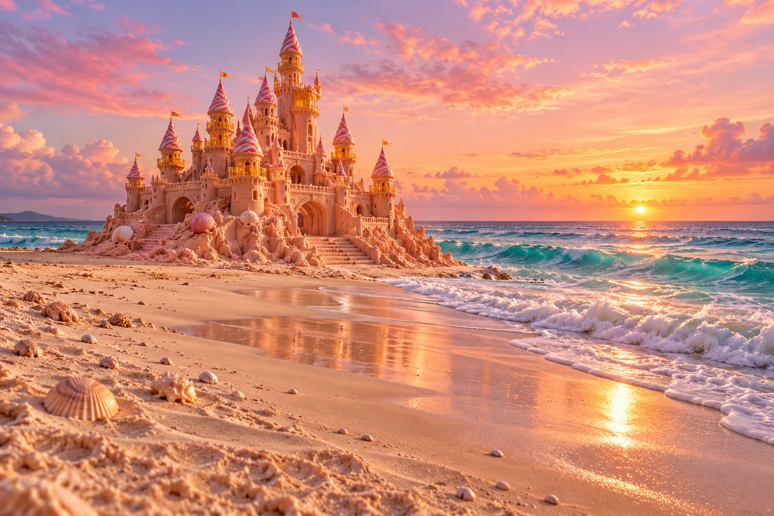 A pink candy-striped sandcastle glows beside turquoise waves under a pastel sunset.