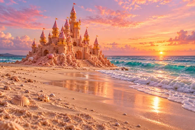 A pink candy-striped sandcastle glows beside turquoise waves under a pastel sunset.