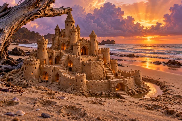 Ochre sandcastle framed by driftwood beneath dramatic sunset clouds.