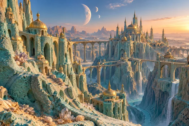 A turquoise sand city with golden domes and high bridges beneath three moons.