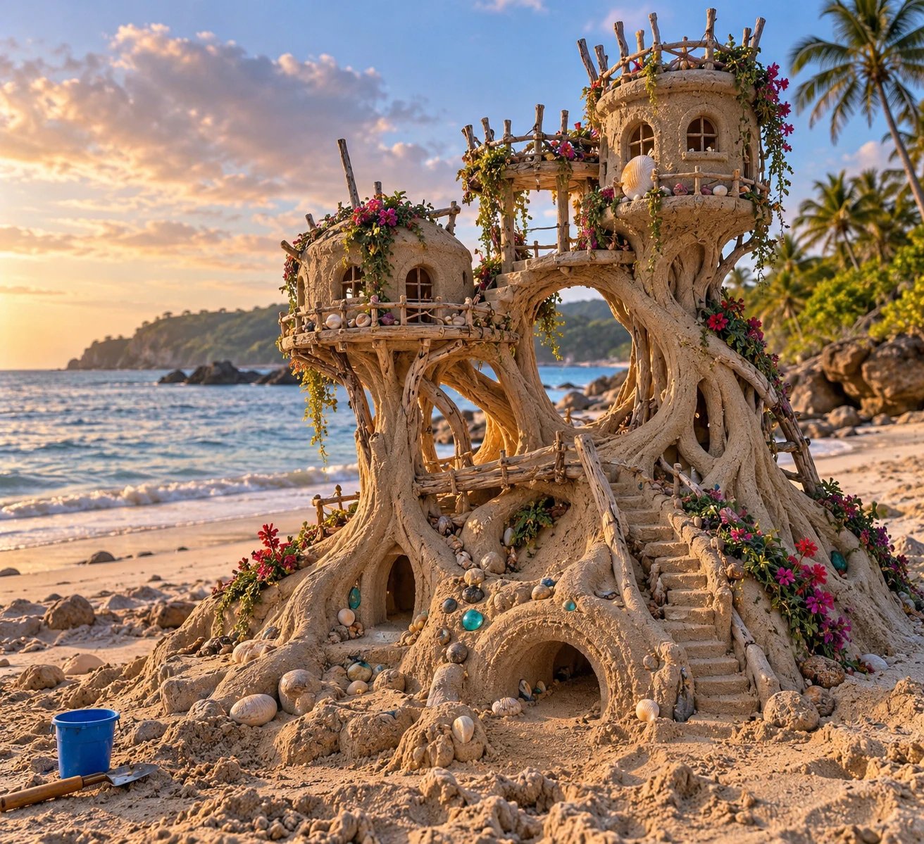 A treehouse-shaped sand structure with twisting roots and elevated rooms on a tropical beach.