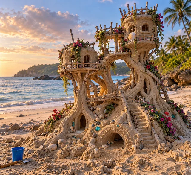 A treehouse-shaped sand structure with twisting roots and elevated rooms on a tropical beach.