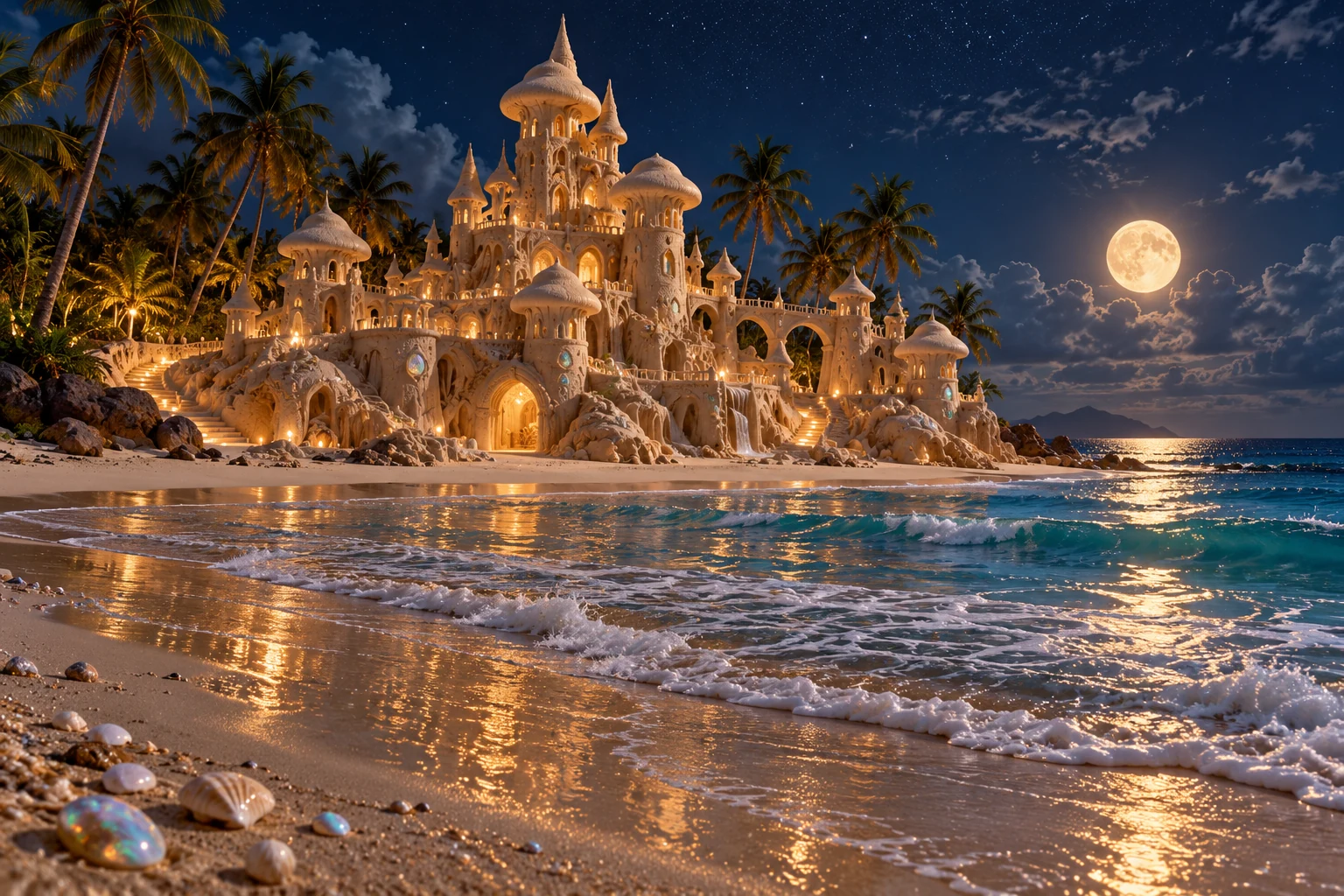 An illuminated opal sandcastle beside a tropical sea under stars and a full moon.
