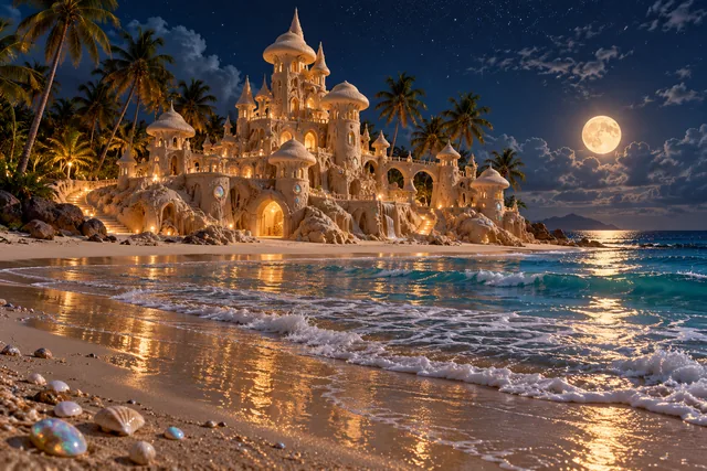 An illuminated opal sandcastle beside a tropical sea under stars and a full moon.