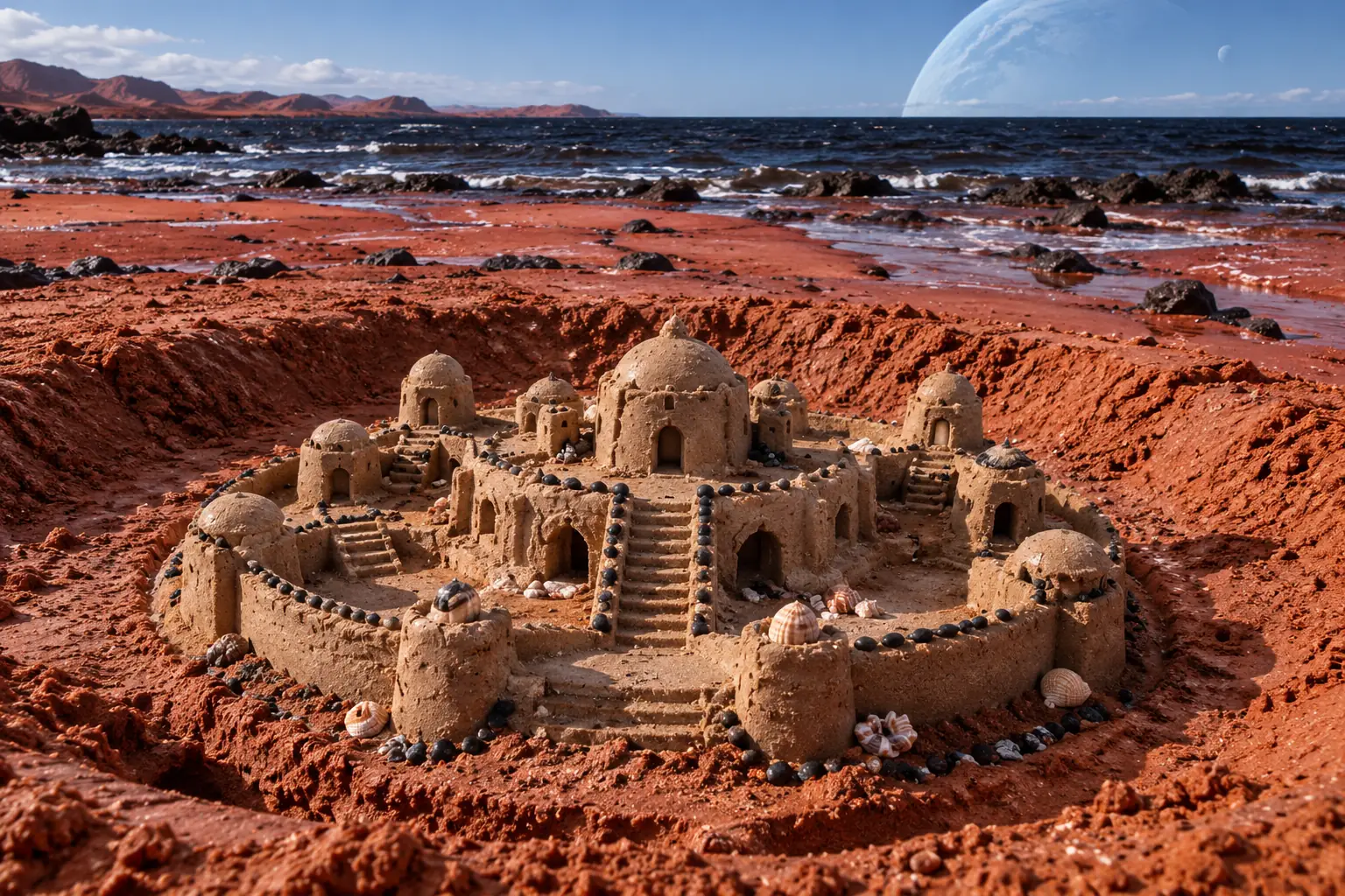 Circular Sandcastle on Red Alien Beach.