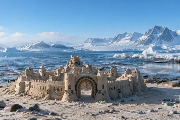 White-sand ring castle by icebergs.