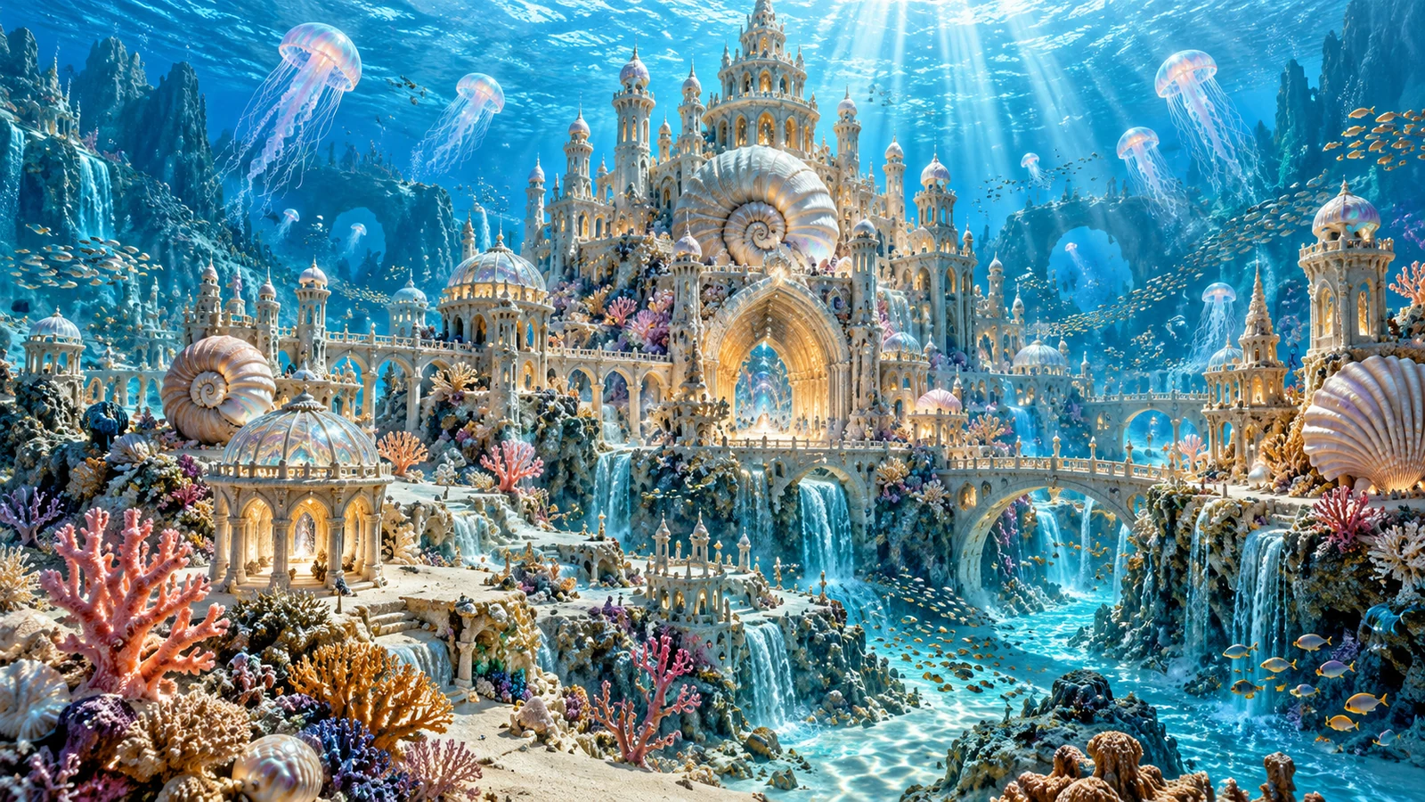 An underwater sandcastle city with shells, coral, jellyfish, and sunbeams through blue water.