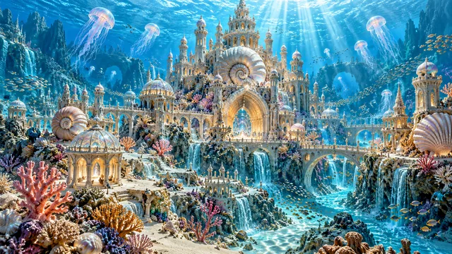 An underwater sandcastle city with shells, coral, jellyfish, and sunbeams through blue water.