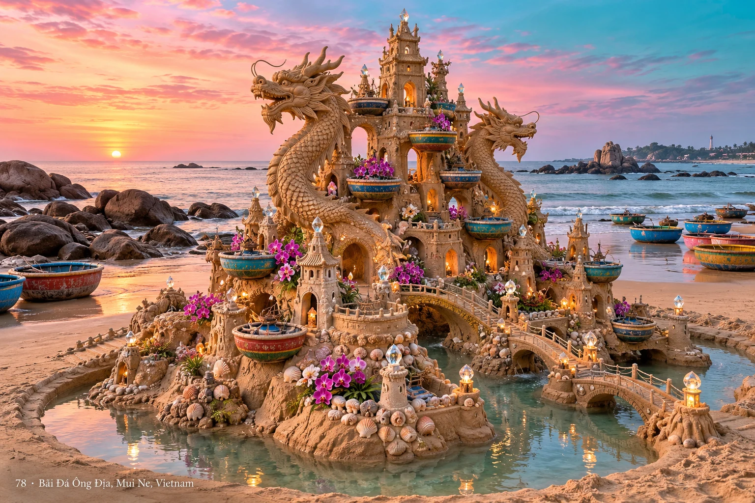 A dragon-inspired sand palace with small boats and coastal scenery at Mui Ne.