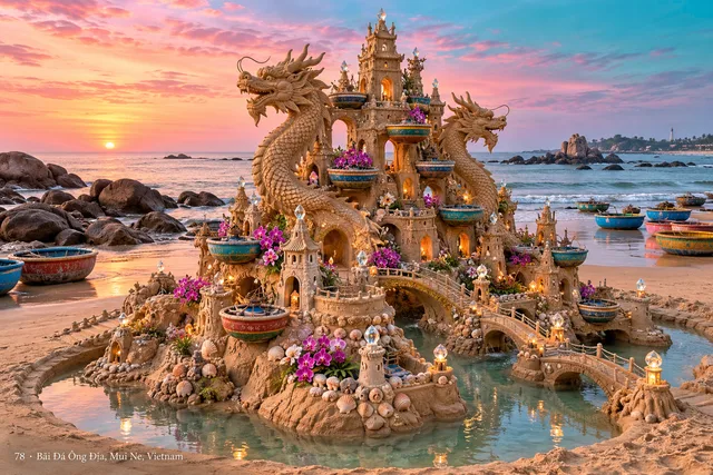 A dragon-inspired sand palace with small boats and coastal scenery at Mui Ne.