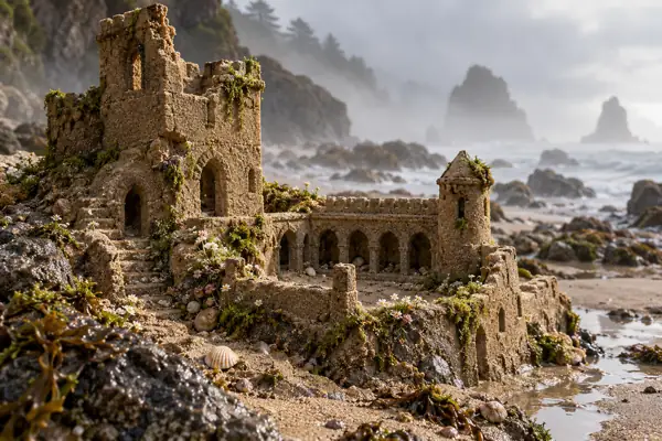 Eroded sandcastle in a misty cove.