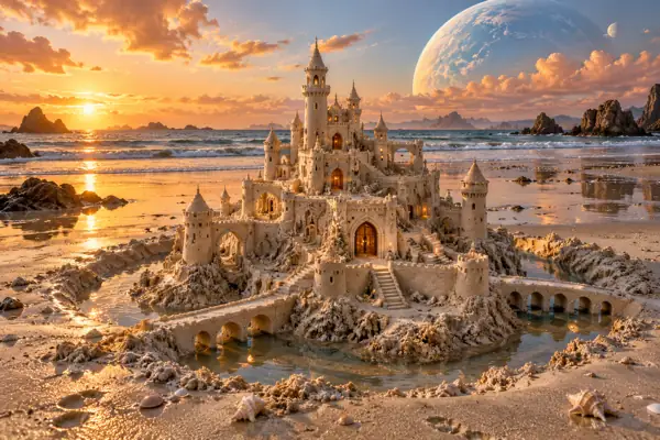 Ivory Sandcastle Beneath a Pale Blue Planet.