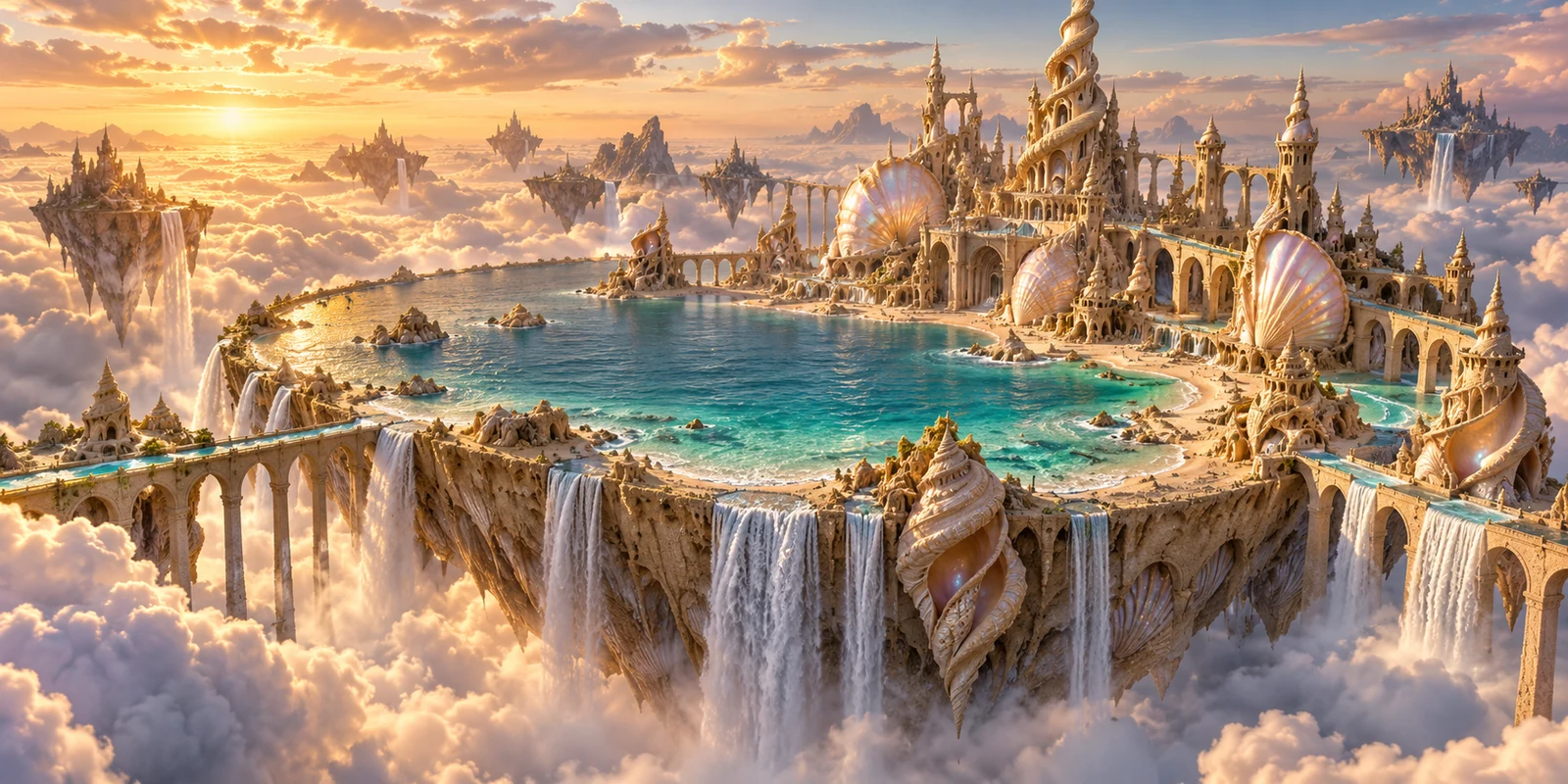 A golden sandcastle kingdom floats above clouds around a turquoise sea with cascading waterfalls.