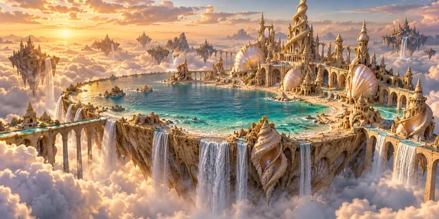 A golden sandcastle kingdom floats above clouds around a turquoise sea with cascading waterfalls.