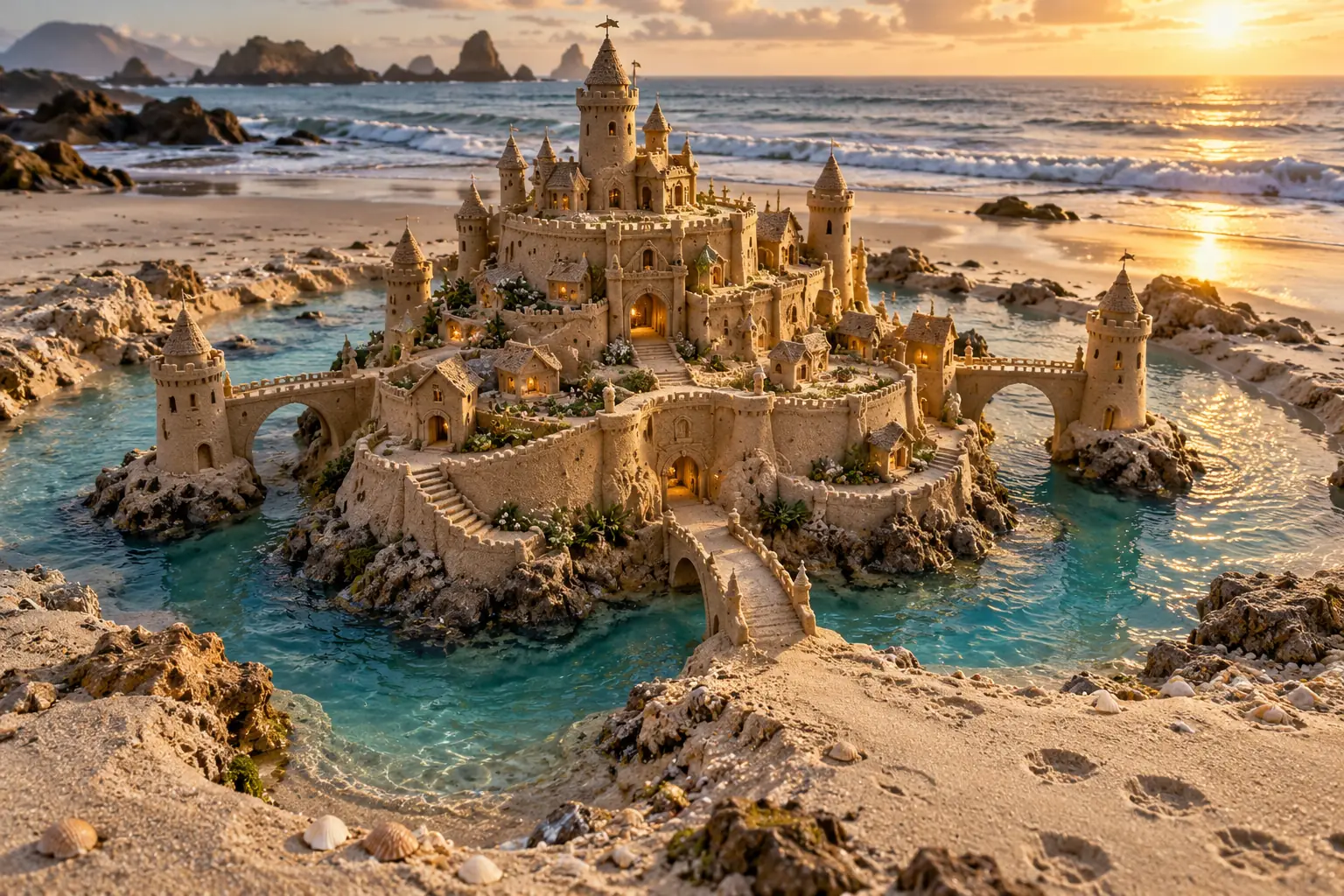 Golden mist sandcastle on a moated islet.