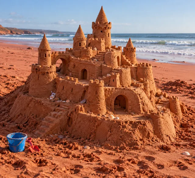 A hand-shaped sandcastle with towers and walls rising from red desert sand.