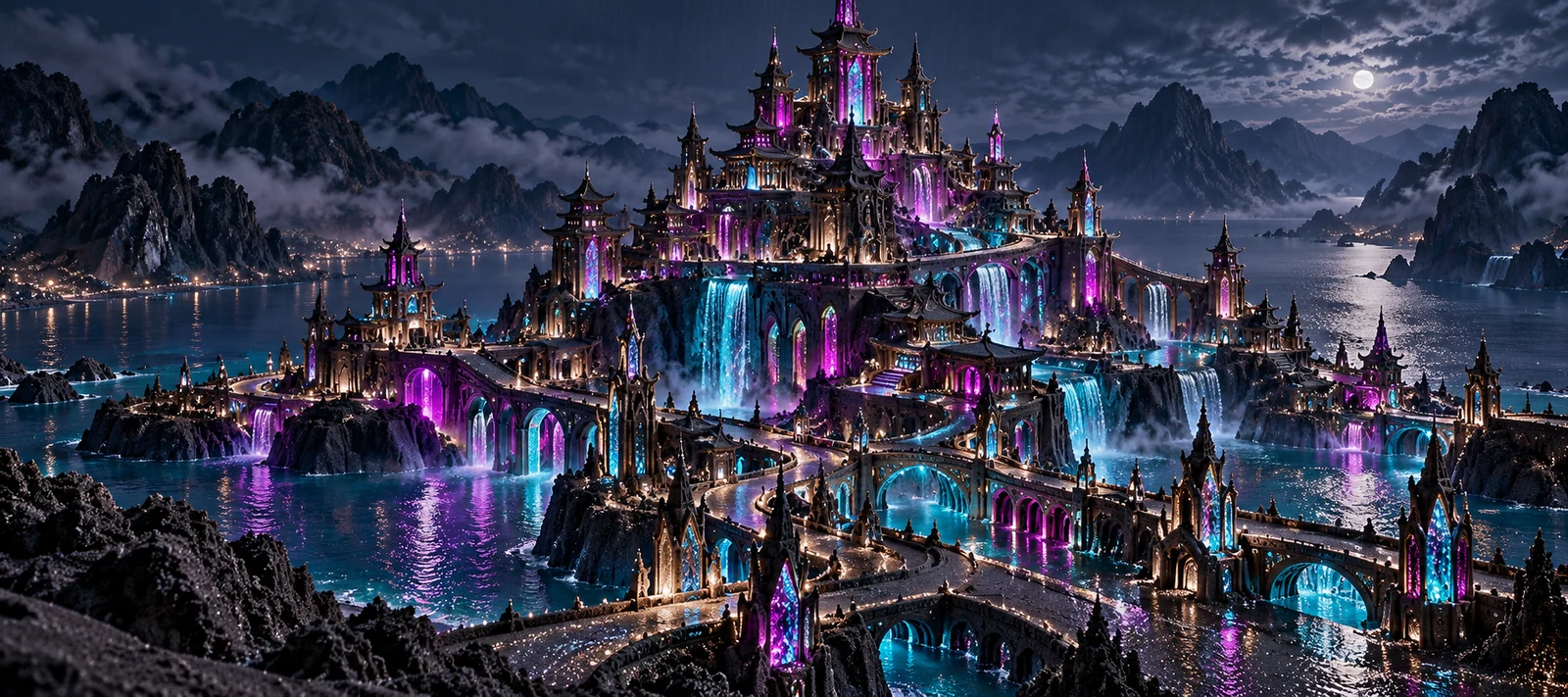 A neon-lit sandcastle metropolis with violet and cyan towers beside dark mountain waters.