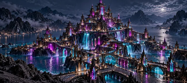 A neon-lit sandcastle metropolis with violet and cyan towers beside dark mountain waters.