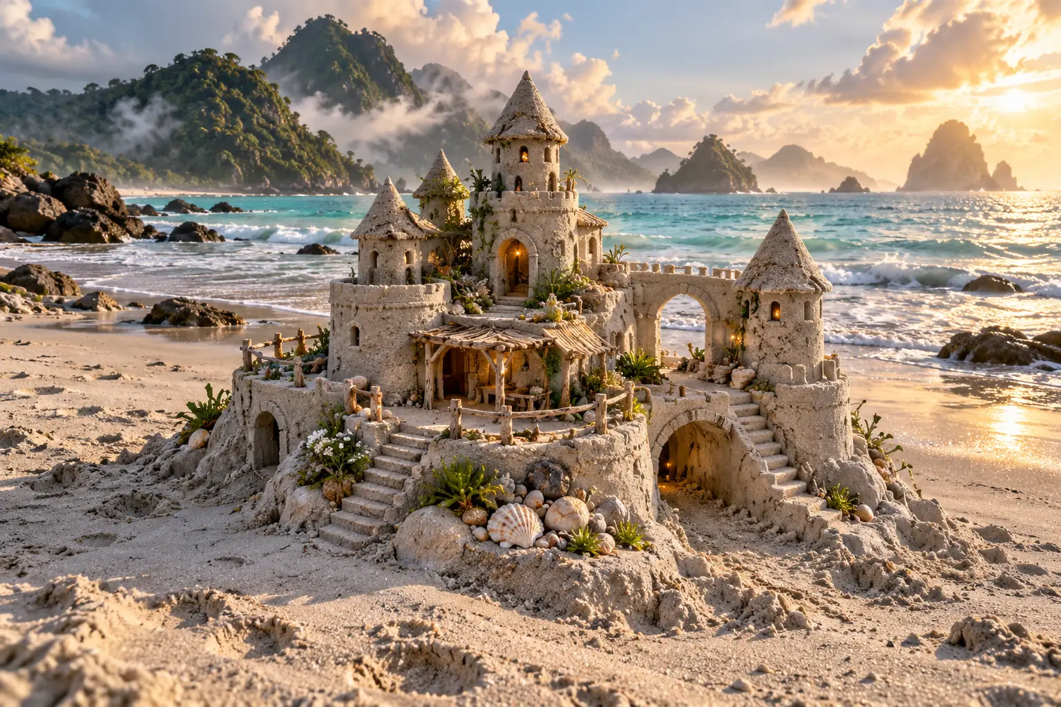 Handmade Sandcastle on a Misty Tropical Shore.