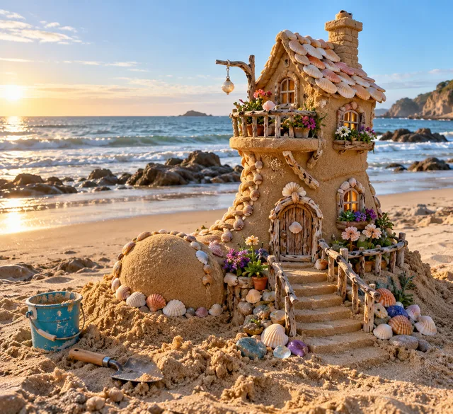 A giant boot-shaped sand house with shell roofing, flowers, and carved steps beside the sea.