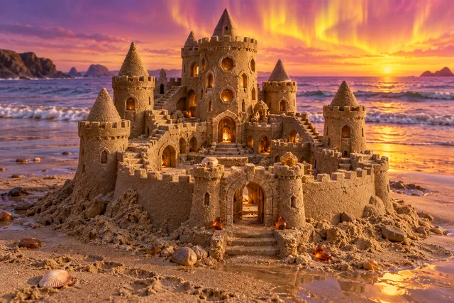 Sandcastle with hexagonal windows beneath a golden aurora at sunset.