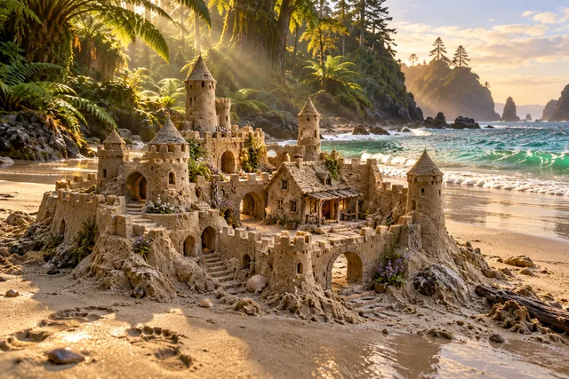Fern-framed sandcastle with a tiny porch cottage beside an emerald sea.
