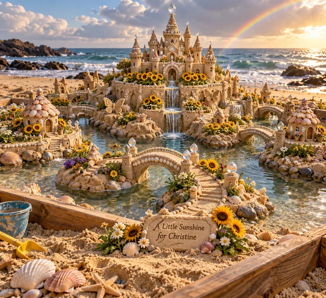 A sunflower-filled sandcastle garden in a wooden sandbox with a dedication to Christine.