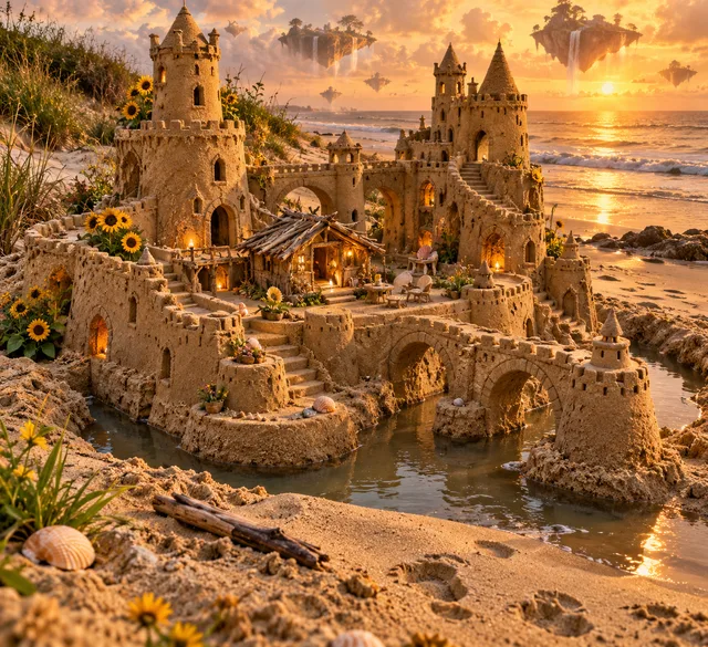 Golden sandcastle garden with sunflowers, a wooden cottage, and bridges beside the sea.