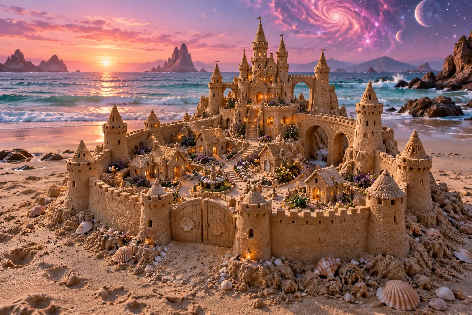 Miniature sandcastle under pink nebula.