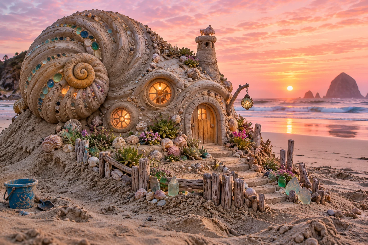 A nautilus-shell sand cottage with warm circular windows and a small garden at pink sunrise.