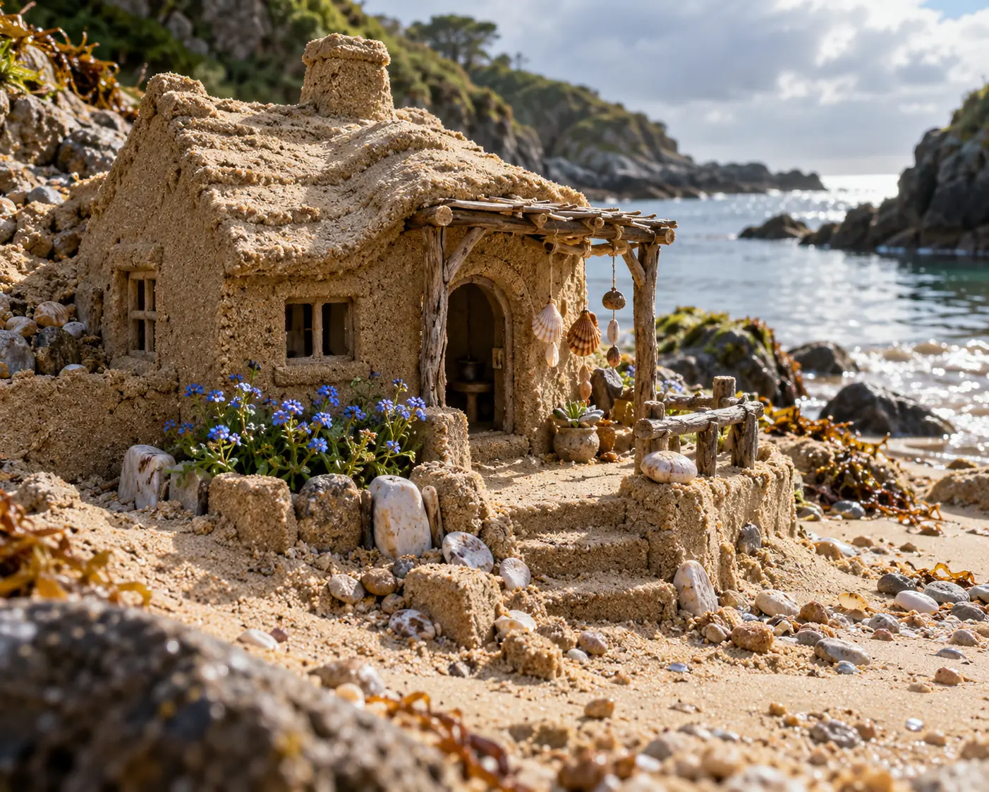 Miniature Sand Cottage with Shell Chimes.