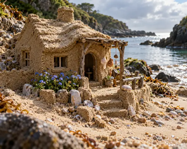 Miniature Sand Cottage with Shell Chimes.