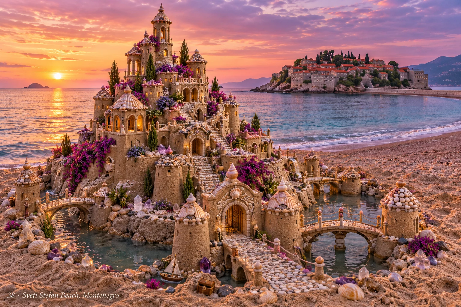A flower-covered sand citadel on the beach with Sveti Stefan in the distance at sunset.