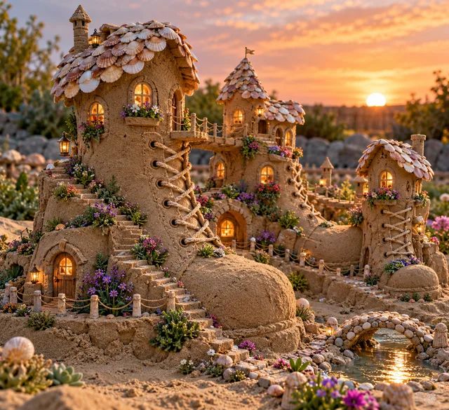 A village of sand boot-shaped cottages with shell roofs, steps, and bridges.
