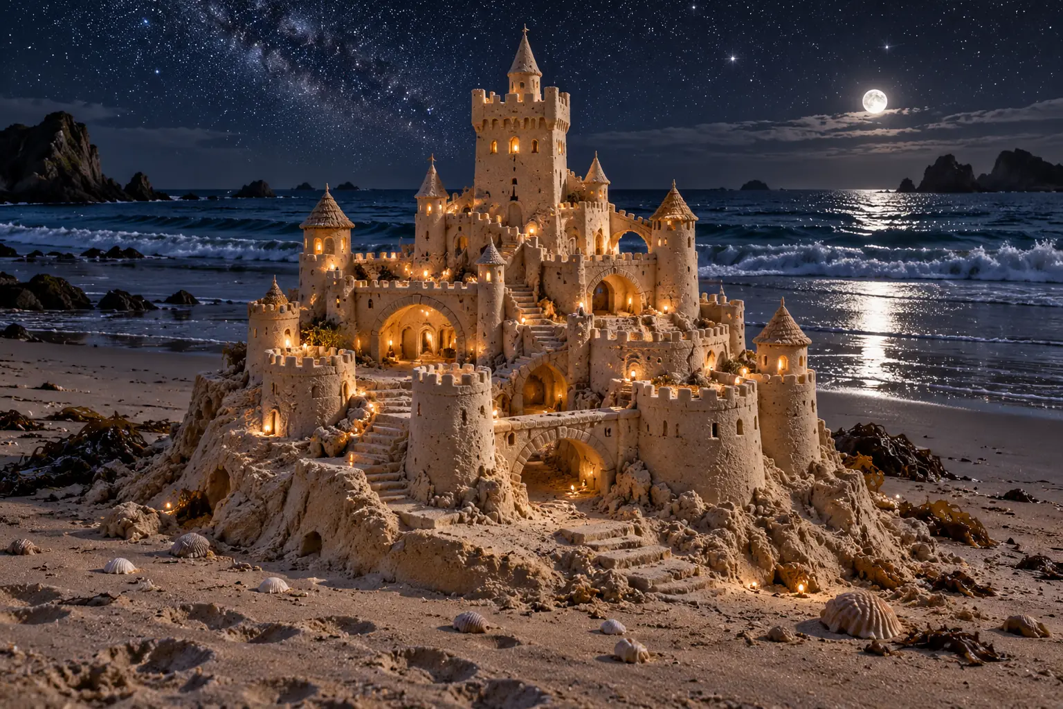 Starlit Sandcastle by the Indigo Sea.
