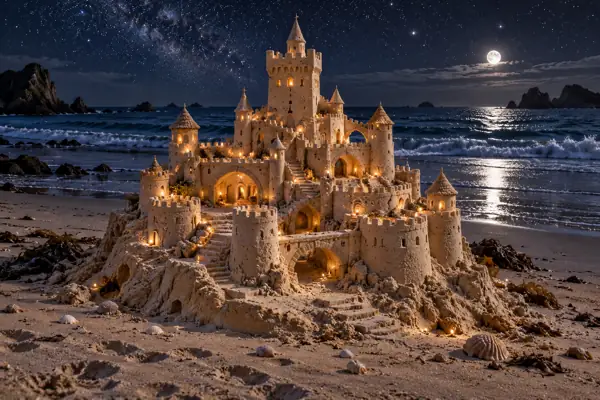 Starlit Sandcastle by the Indigo Sea.