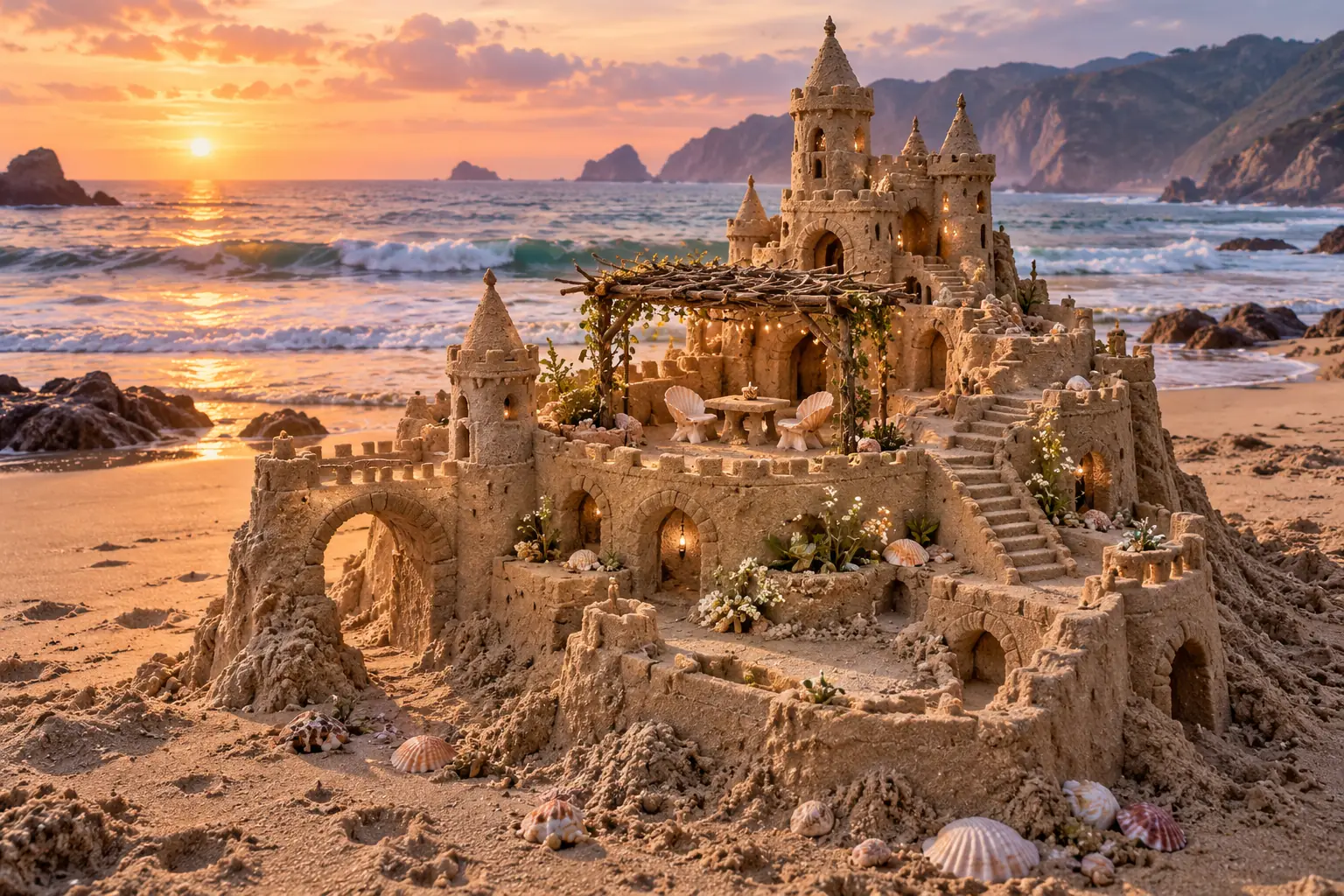 Handmade Sandcastle with Twig Pergola.