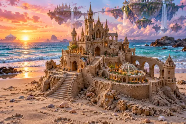 Gothic sandcastle beneath floating gardens at sunrise.