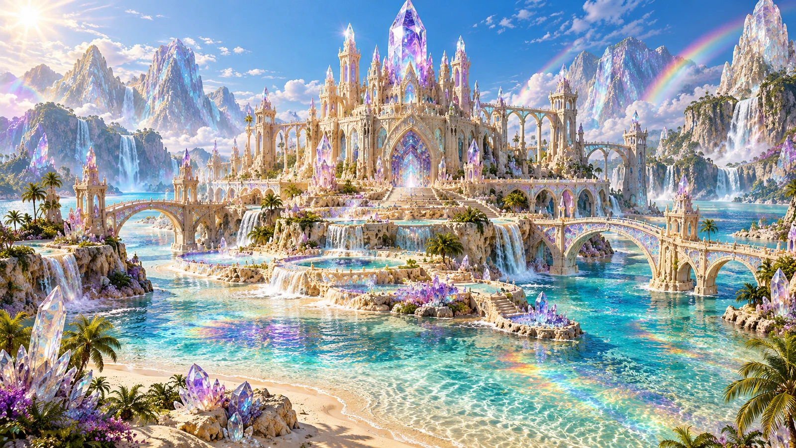 A crystalline sandcastle glitters above a rainbow lagoon with snowy mountains in the distance.