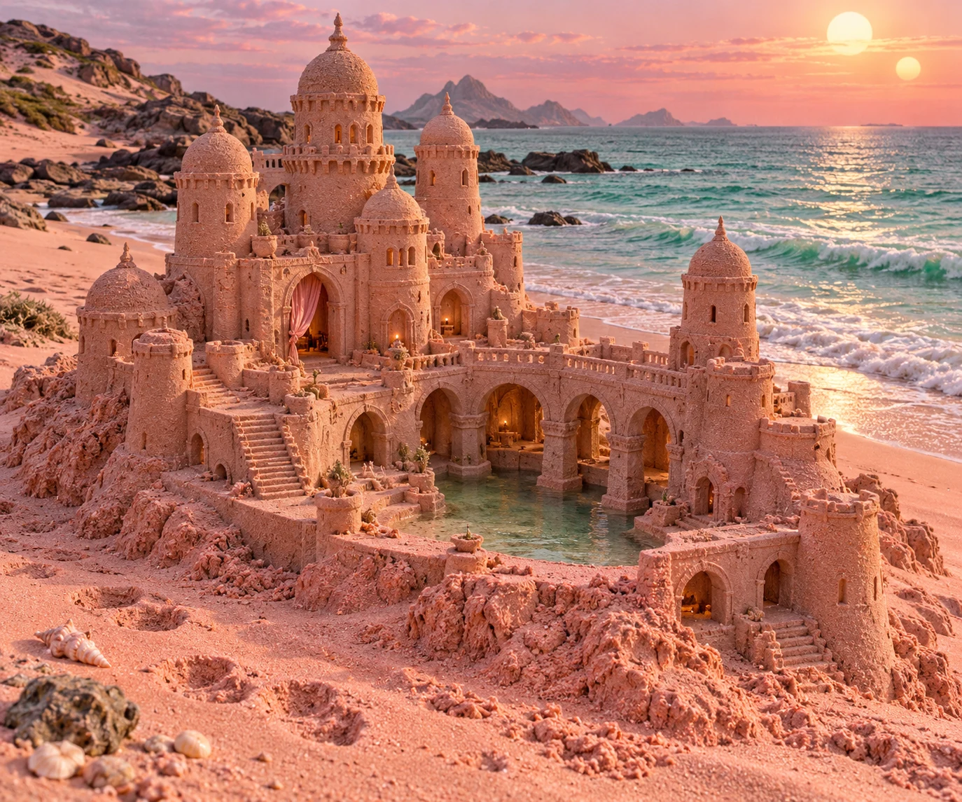 Pink sandcastle with domed towers and arched bridges beneath twin suns.