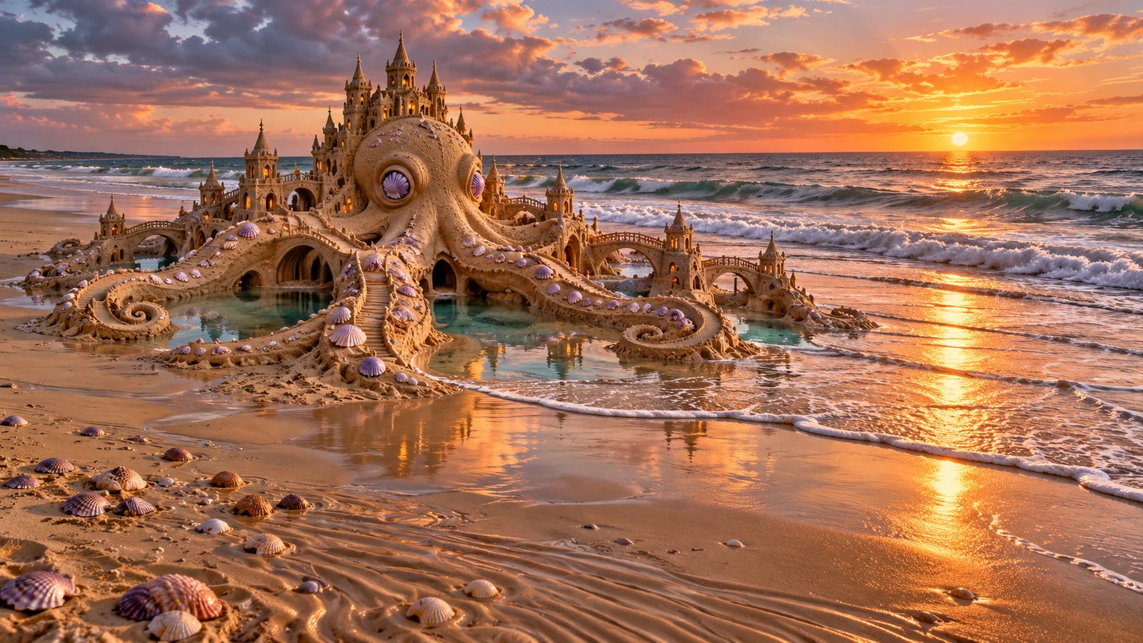 A giant sand octopus wraps around an ornate sandcastle on a sunset beach.