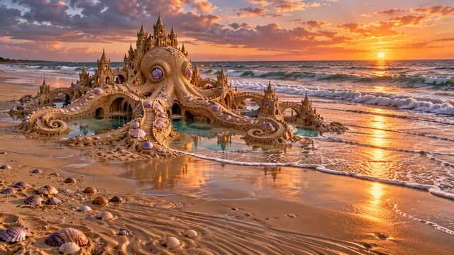 A giant sand octopus wraps around an ornate sandcastle on a sunset beach.