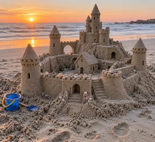 A sandcastle cottage with a shell-lined entrance and small towers at sunrise.