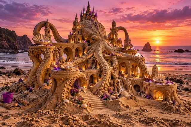 A golden octopus wraps its tentacles around a sandcastle with glowing arches at sunset.